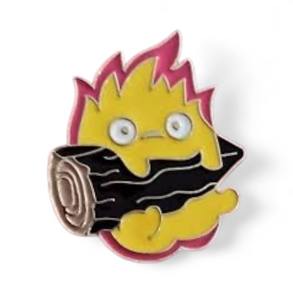 Calsifer from howl’s moving holding onto log Enamel Pin